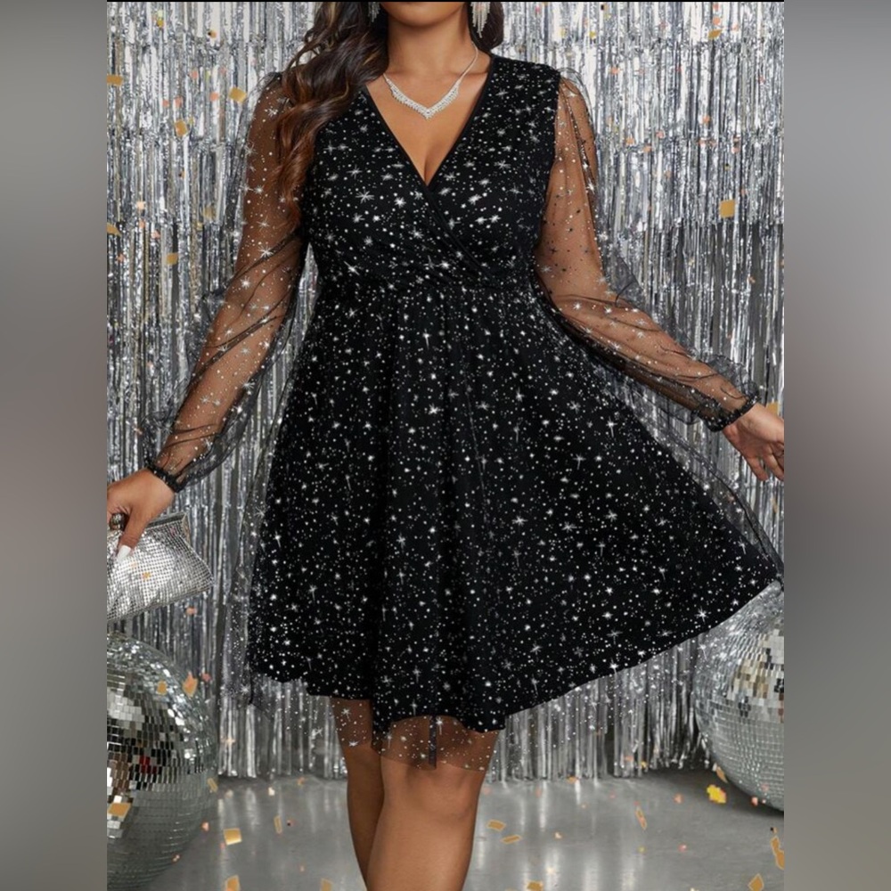 Clasi Sequin Mesh Overlay Dress, Autumn Black & Silver 2X (16) - Picture 7 of 10